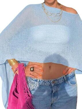Women's Light Blue Sheer Poncho Top Knit Crochet Lightweight See Through Shawl